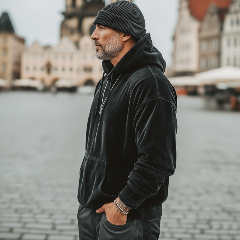 Men's Classic Minimalist Black Velvet Hooded Sweatshirt MTA2912L3U
