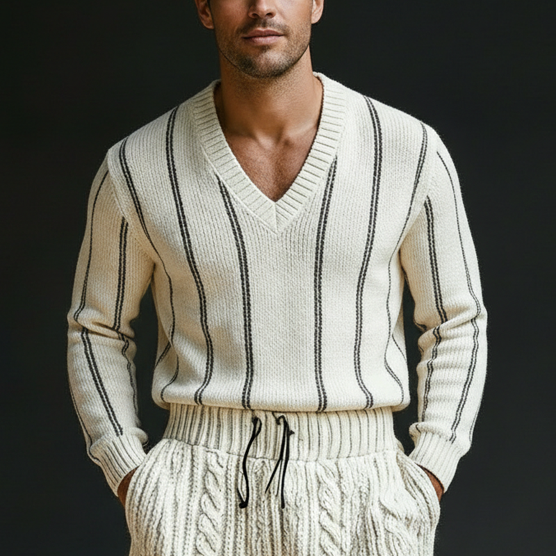 Men's Spring Fashion Vertical Striped Cotton Yarn Knitted Long-Sleeve Sweater MTZ2251A7P