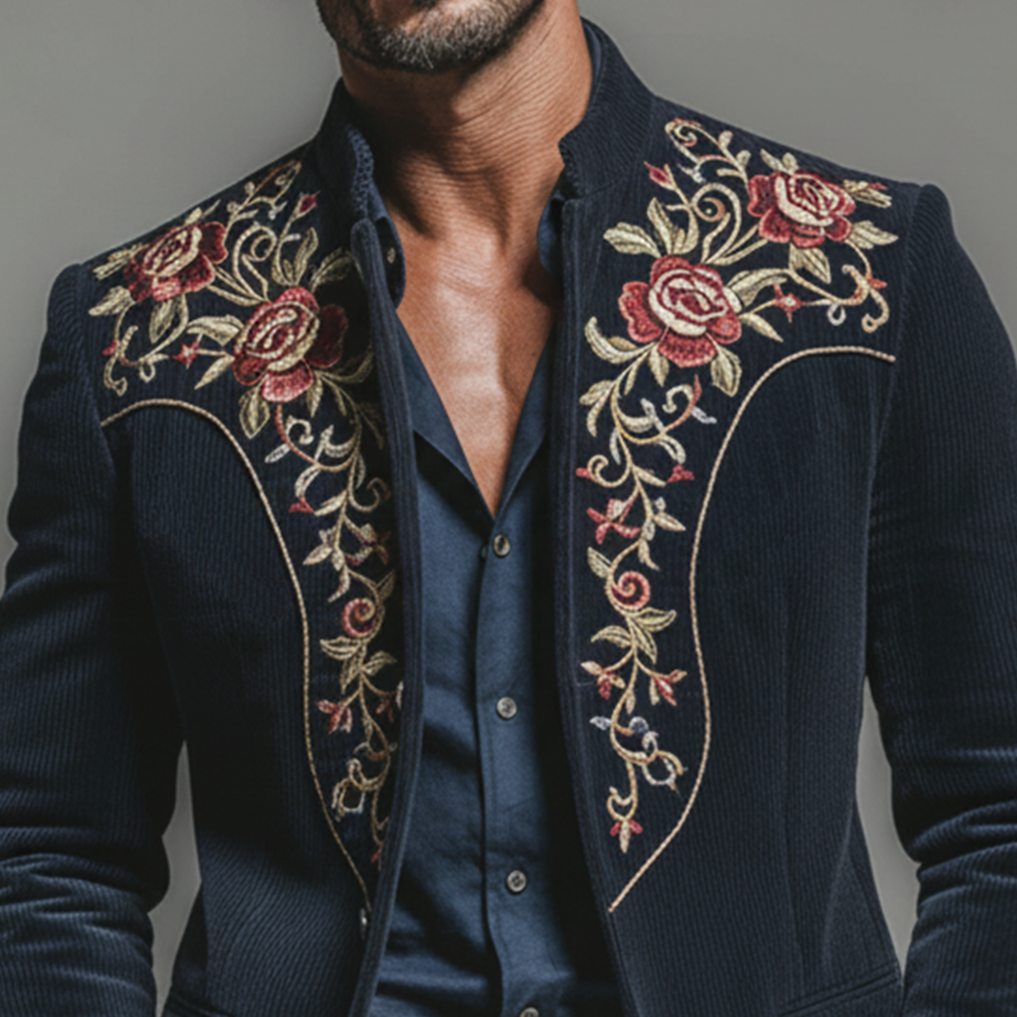 Men's Classic Retro Embroidered Corduroy Stand Collar Single-breasted Jacket MTA2946K9K