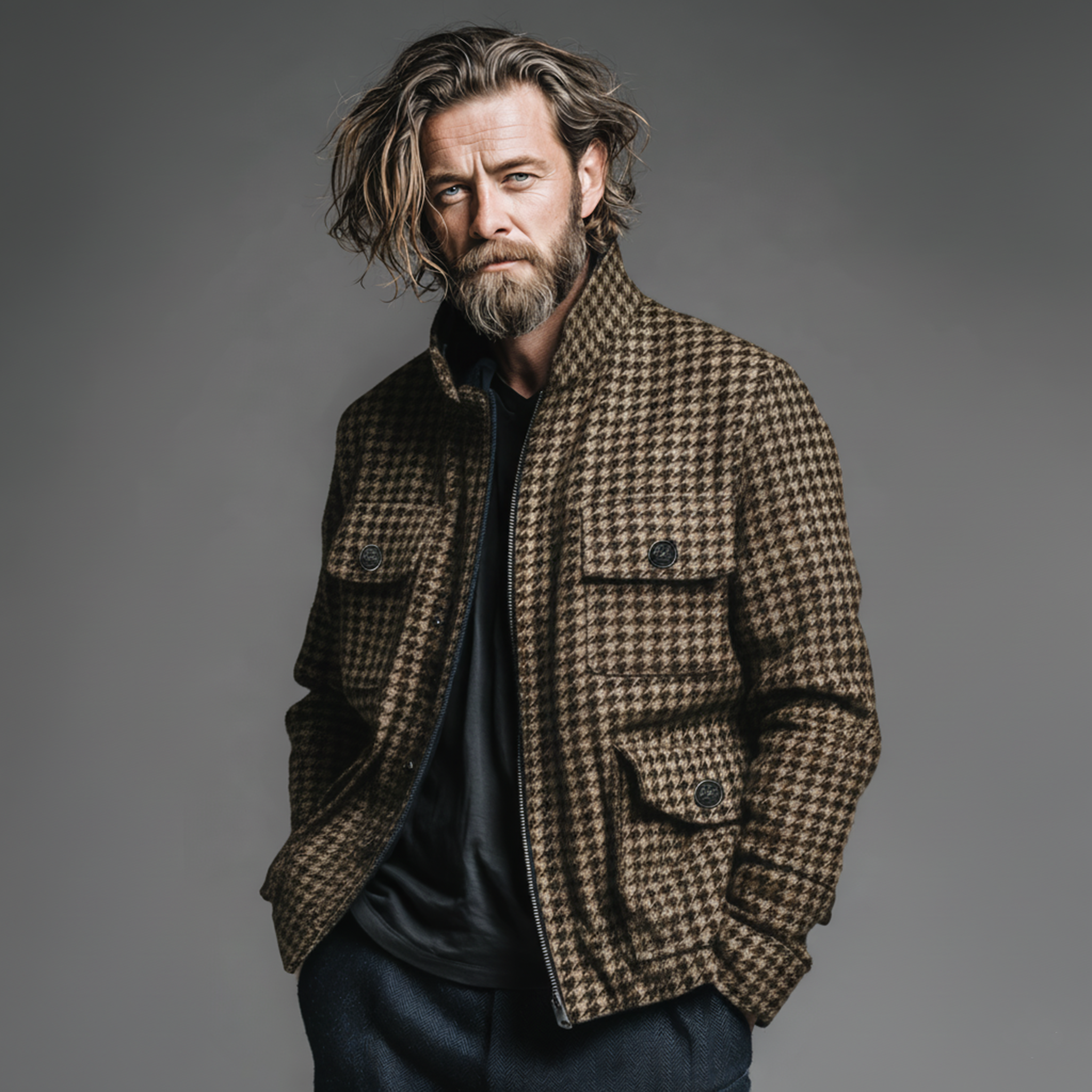 Men's Classic Casual Stand Collar Faux Houndstooth Wool Multi-pocket Zipper Jacket MTA1347J4K