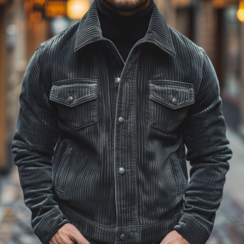 Men's Vintage Solid Color Corduroy Lapel Single-breasted Loose Warm Work Jacket MTA1478H6M