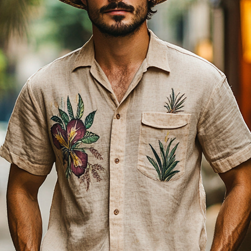 Men's Vintage Western Botanical Print Short Sleeve Shirt MTA2958D5X