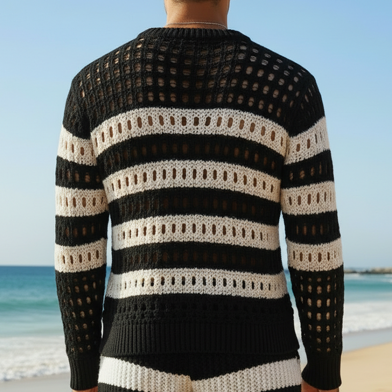 Men's Spring Retro Color-Block Striped Cotton Yarn Knitted Hollow Long-Sleeve Sweater MTZ2395A0P