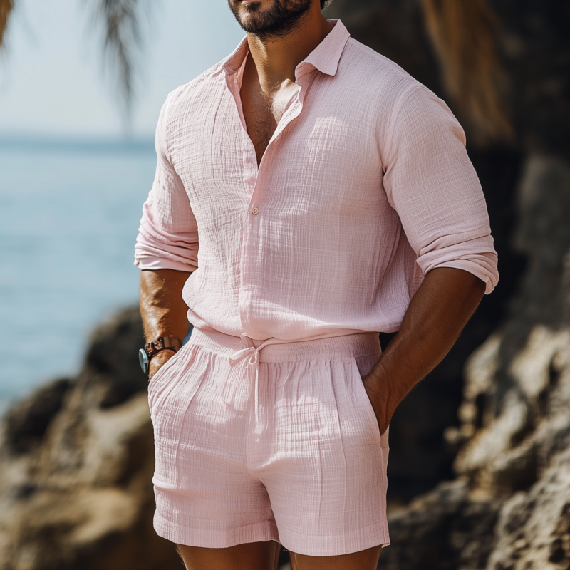 Men's Casual Breathable Pleated Cotton Linen Lapel Long-sleeved Shirt Elastic Waist Shorts Holiday Set MTA1399F2M