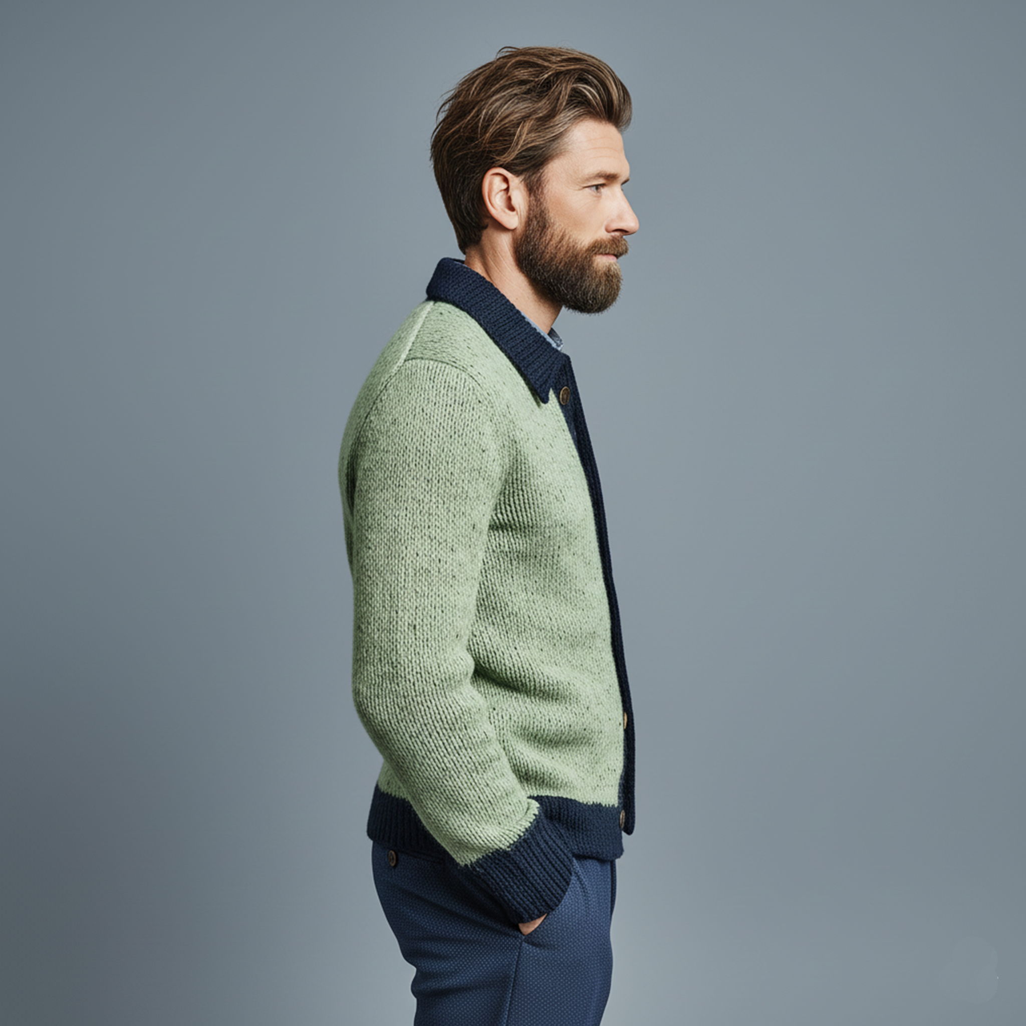 Men's Classic Casual Lapel Green And Navy Blue Knitted Cardigan MTA2669I3K