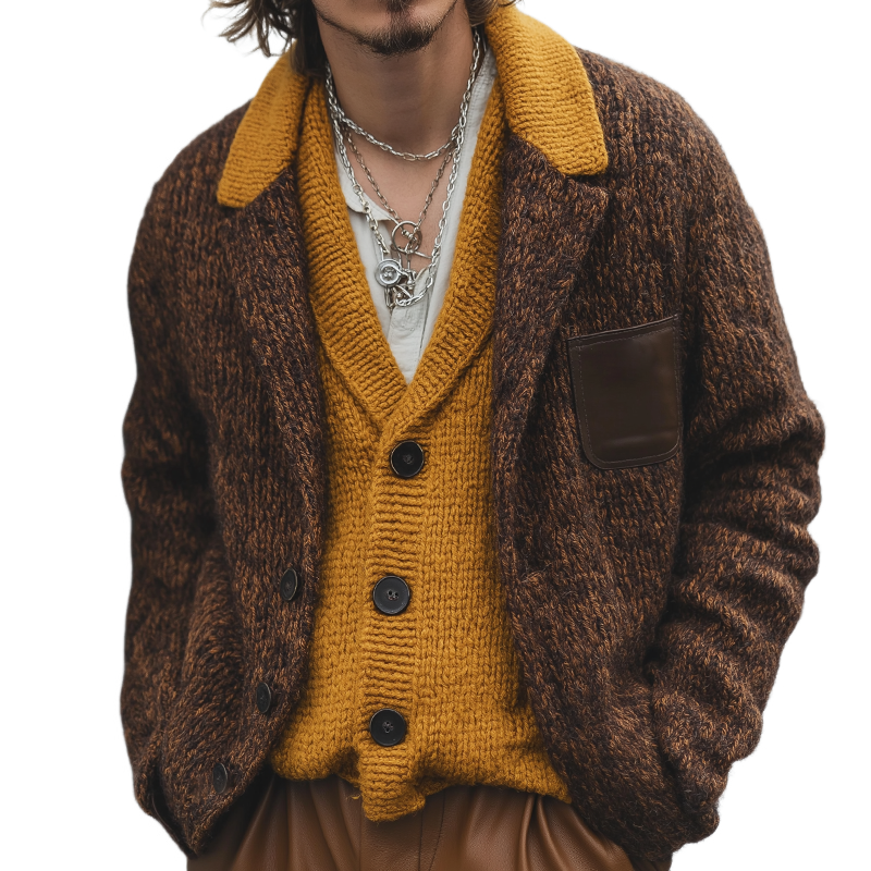Men's Retro Casual Colorblock Knit Cardigan Jacket MTA1730I1TO