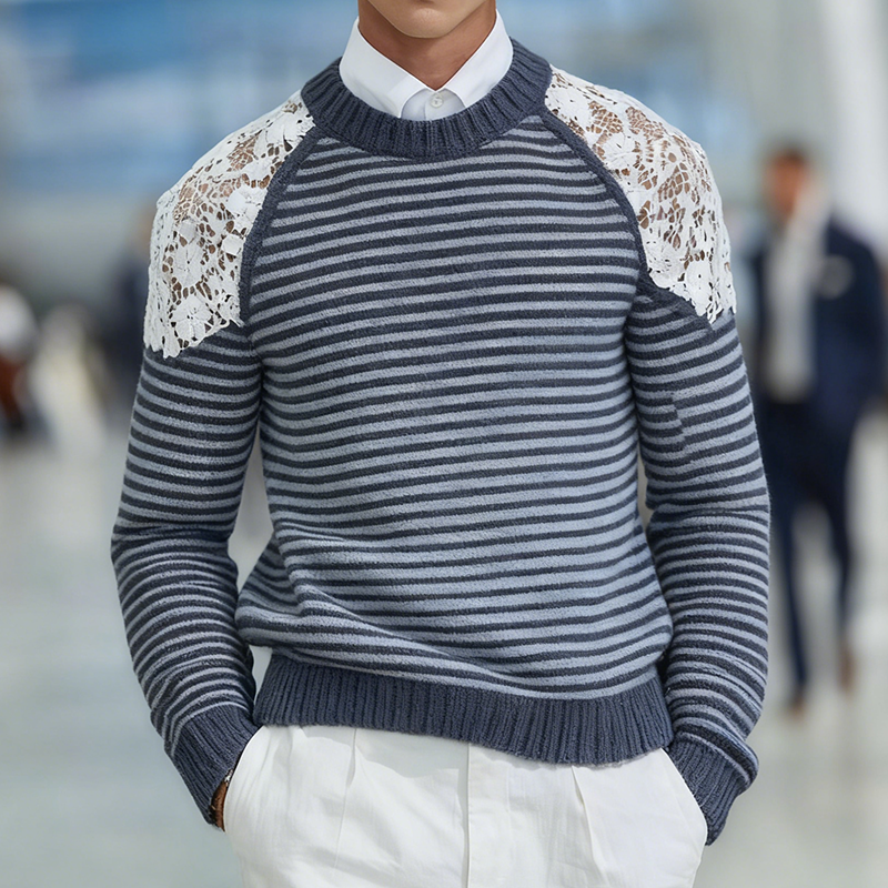 Men's Retro Casual Striped Knitted Lace Crew Neck Sweater MTA2268K7TO