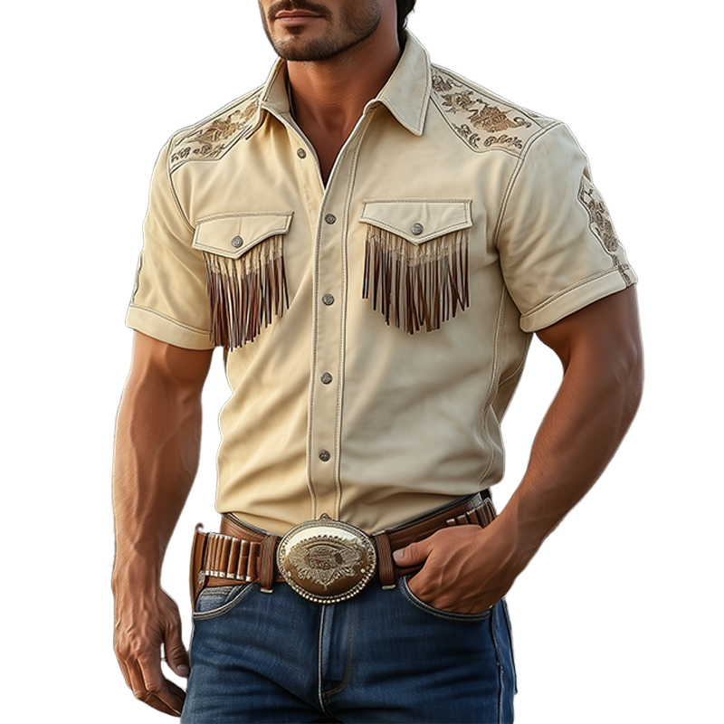 Men's Spring And Summer Fashion Retro Western Cowboy Style Thin Suede Embroidered Pocket Tassel Short-sleeved Shirt MTA1582E5K