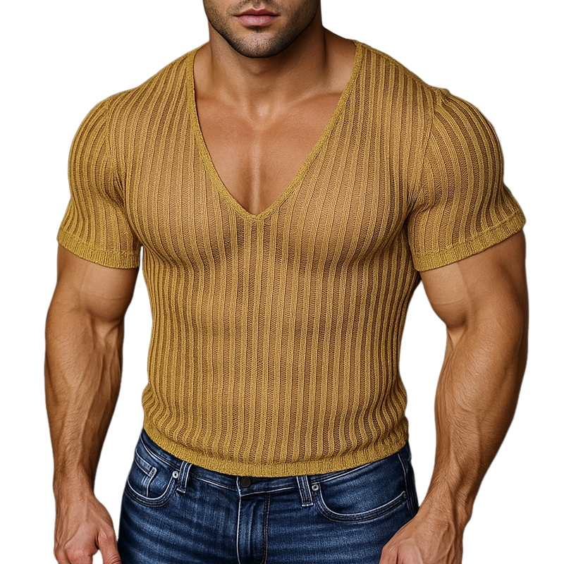 Men's Solid Striped V Neck Short Sleeve Knit T-shirt MTA0877G9Z