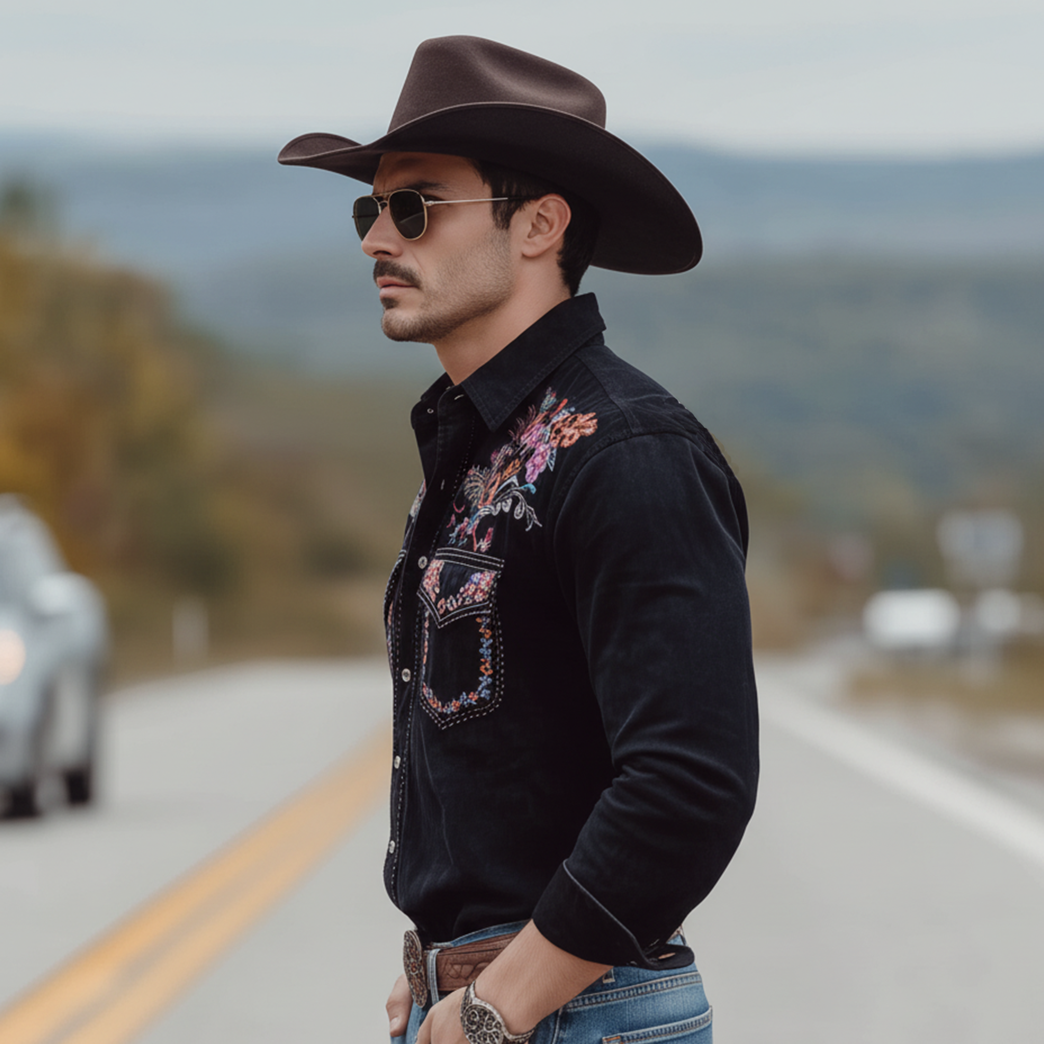 Men's Classic Retro Western Style Embroidered Faux Suede Long-sleeved Shirt MTA0118L6K