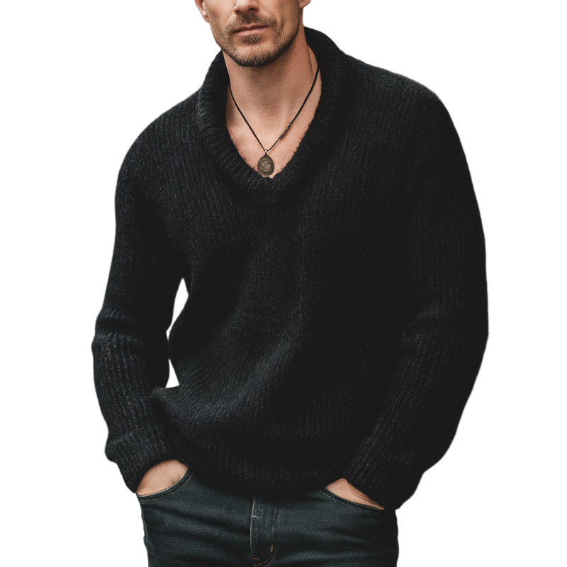 Men's Classic Thick Pure Black V-neck Pullover Casual Sweater MTA2031J8U
