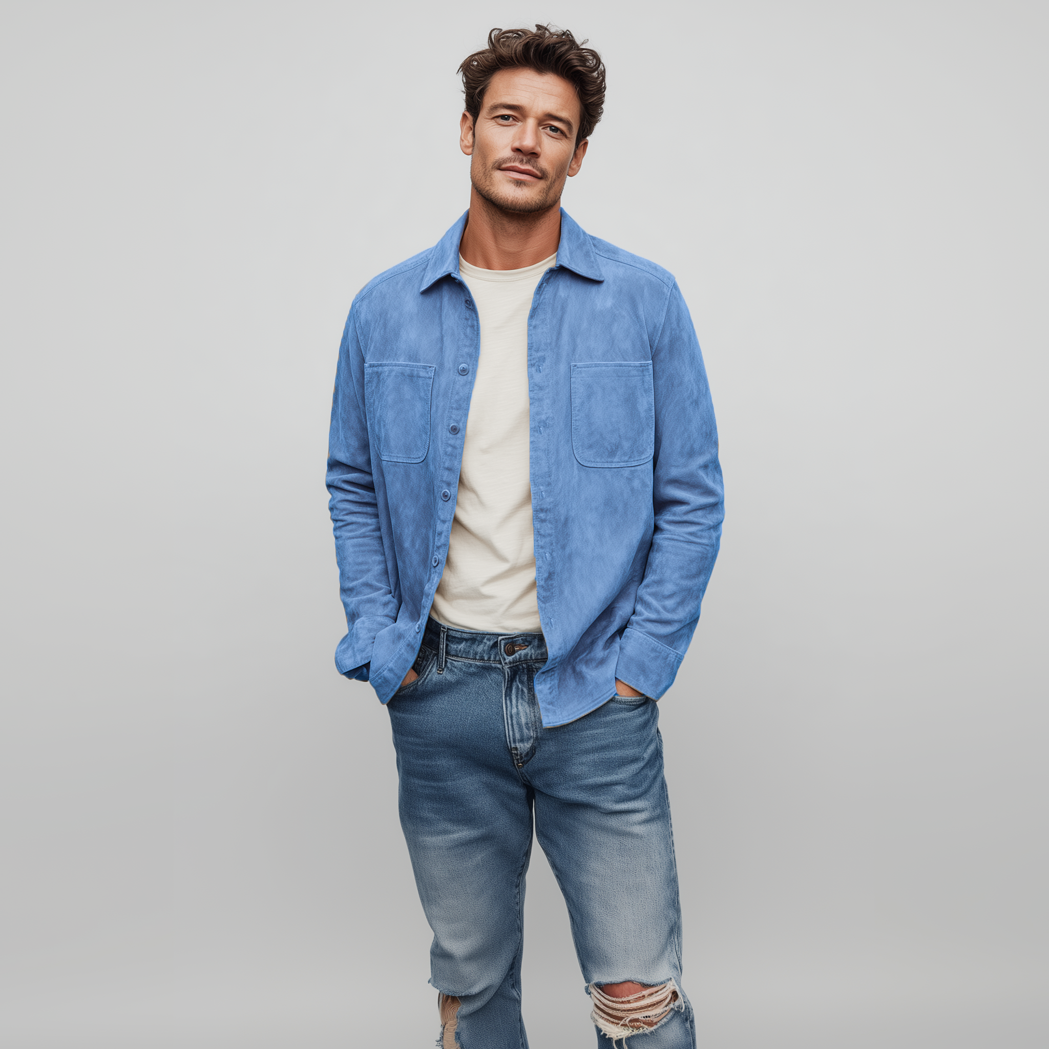 Men's Classic Casual Thin Suede Solid Color Multi-Pocket Long Sleeve Shirt MTA1802G4K