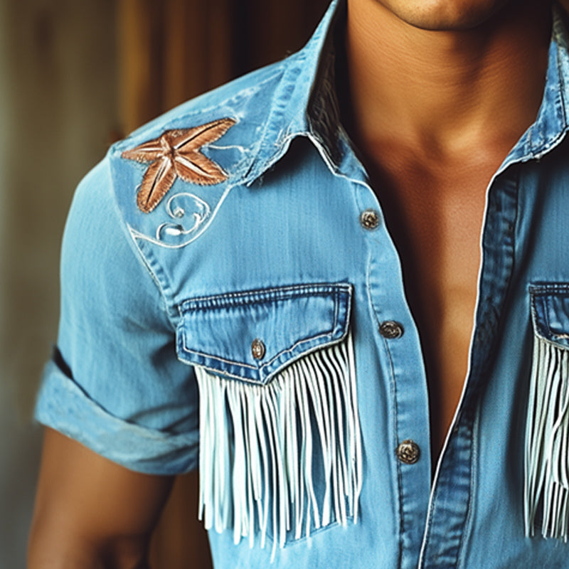 Men's Western Cowboy Style Embroidered Tassel Denim Short Sleeve Shirt MTA1414E5U