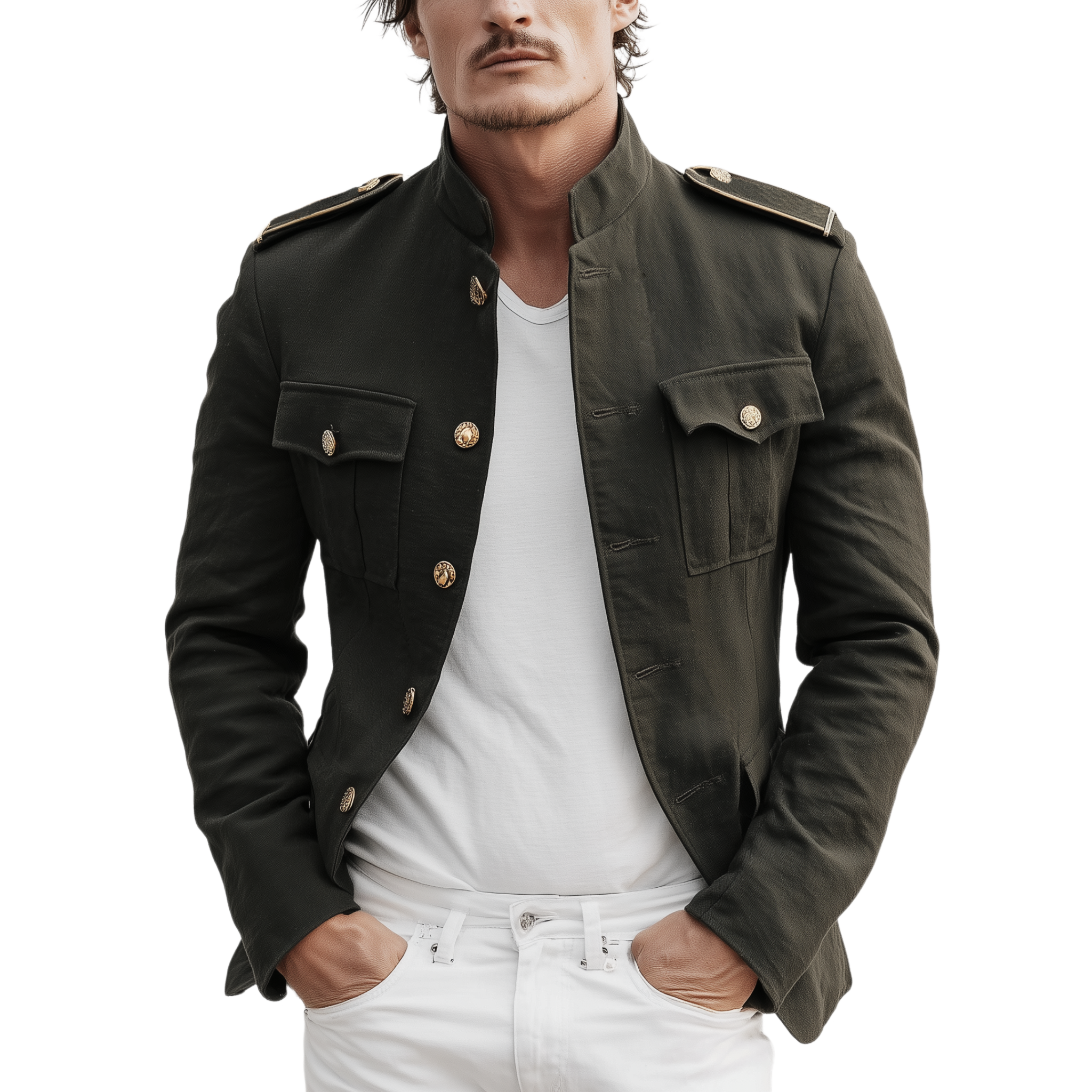 Men's Classic Retro Stand Collar Twill Cotton Multi-pocket Slim Fit Jacket MTA3066H5K