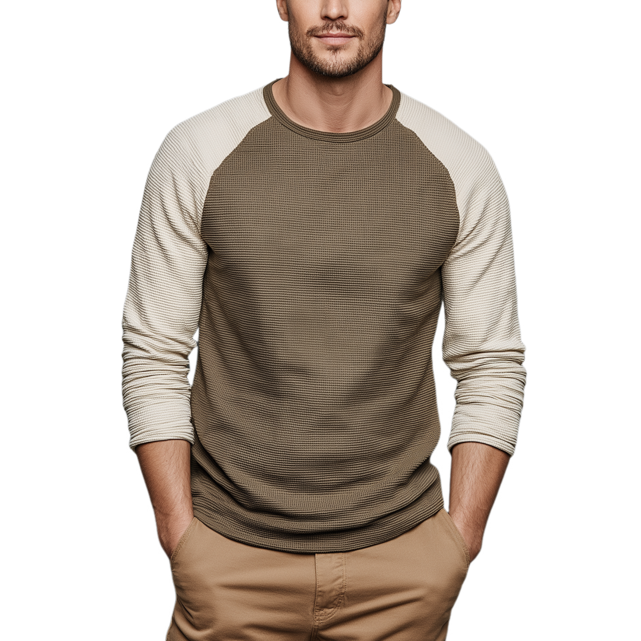 Men's Classic Casual Contrast Waffle Stitching Round Neck Long Sleeve T-shirt MTA3042G8K