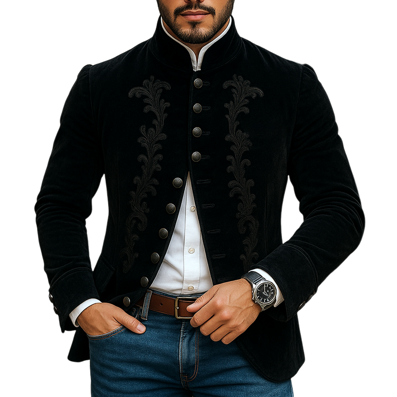 Men's Vintage Embroidered Stand Collar Single Breasted Jacket MTA2575G2Z