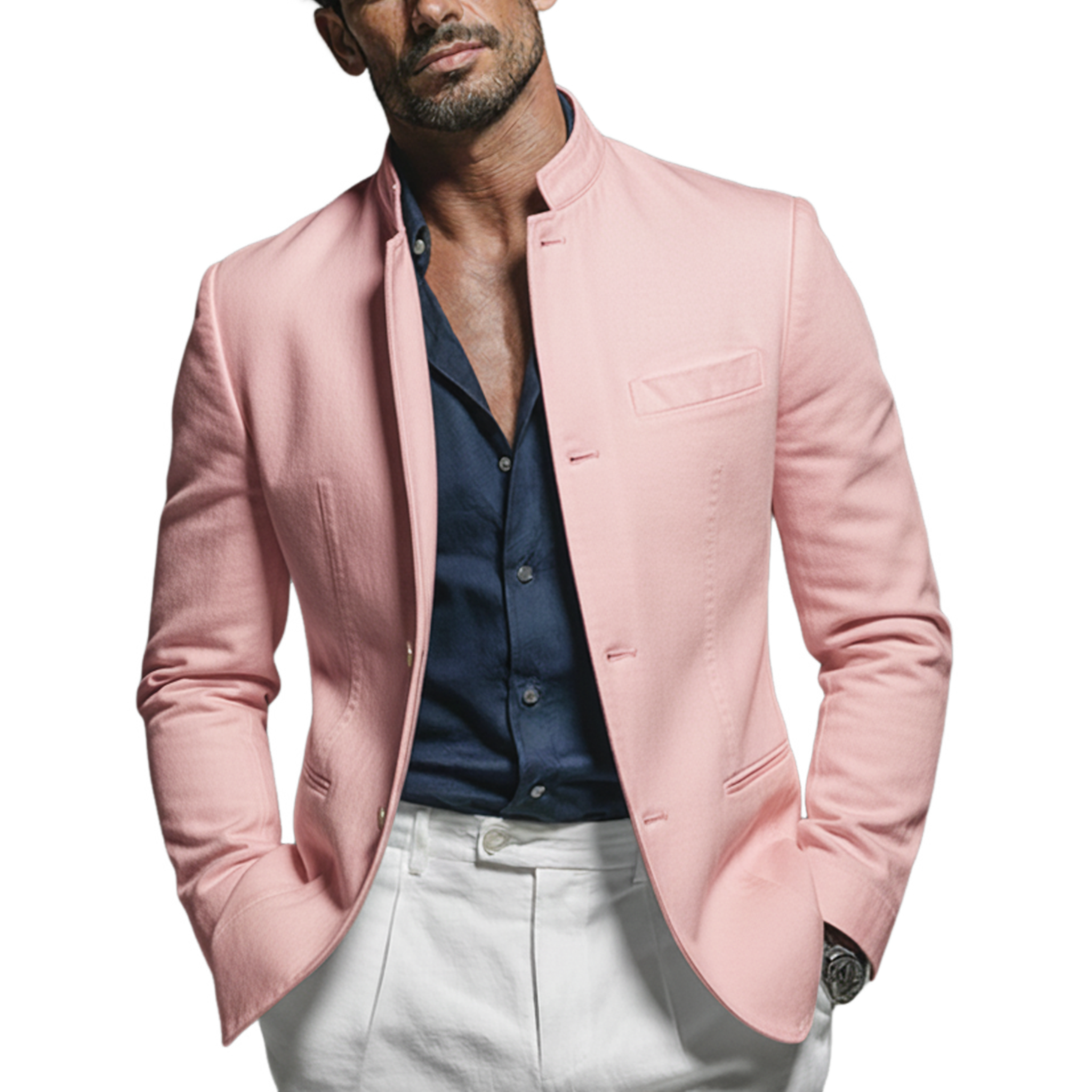 Men's Fashionable Casual Pink Twill Cotton Blend Stand Collar Jacket MTA0106L5K
