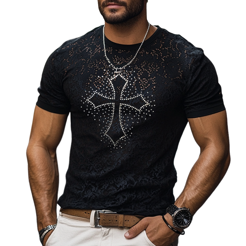 Men's Fashion Rhinestone Cross Lace Round Neck Short Sleeve T-shirt MTA2414E1Z