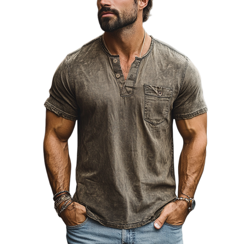 Men's Classic American Retro Casual V-neck Pocket Distressed Short-sleeved T-shirt 27936675K