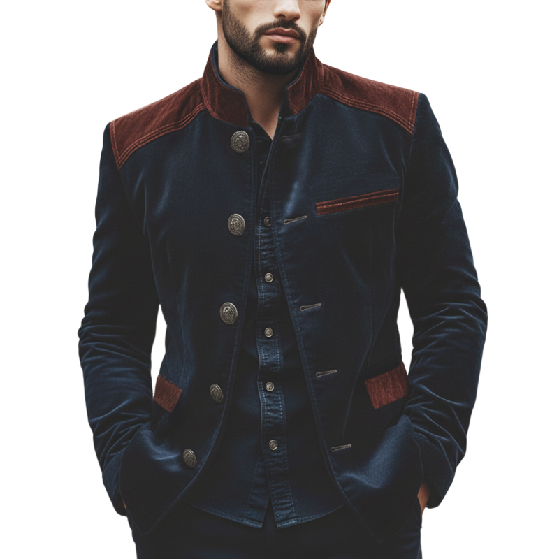 Men's Retro Elegant Stand Collar Velvet And Faux Suede Jacket MTA1258L8U