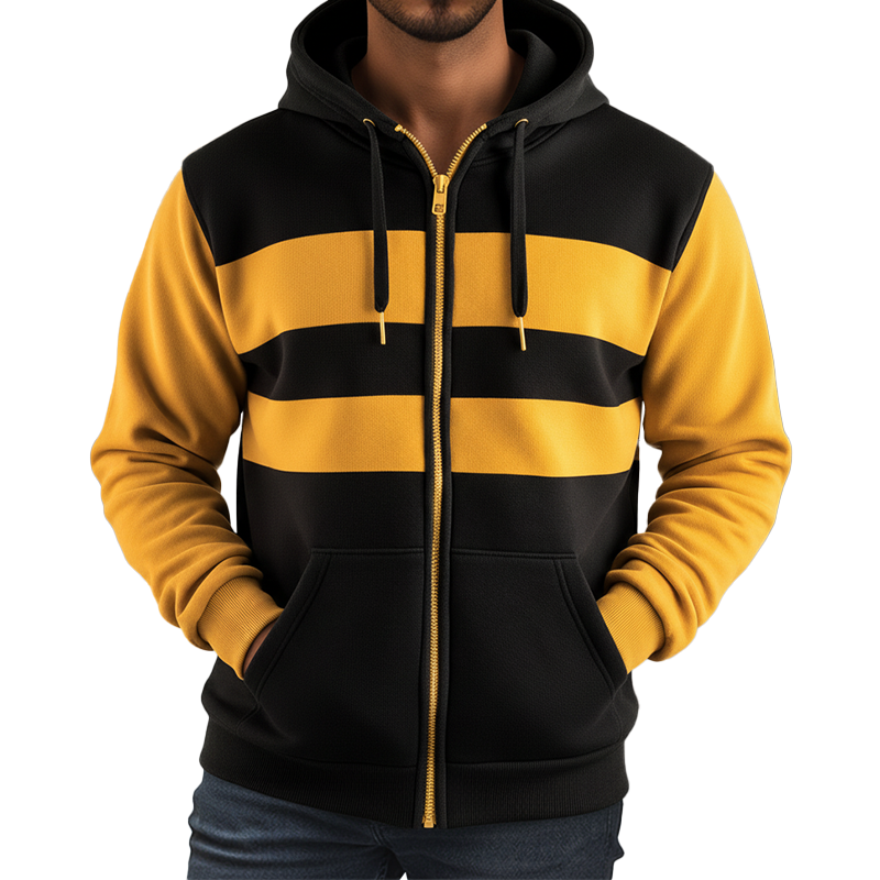 Men's Retro Color Block Striped Zip-Up Hooded Sweatshirt MTA0307K5P