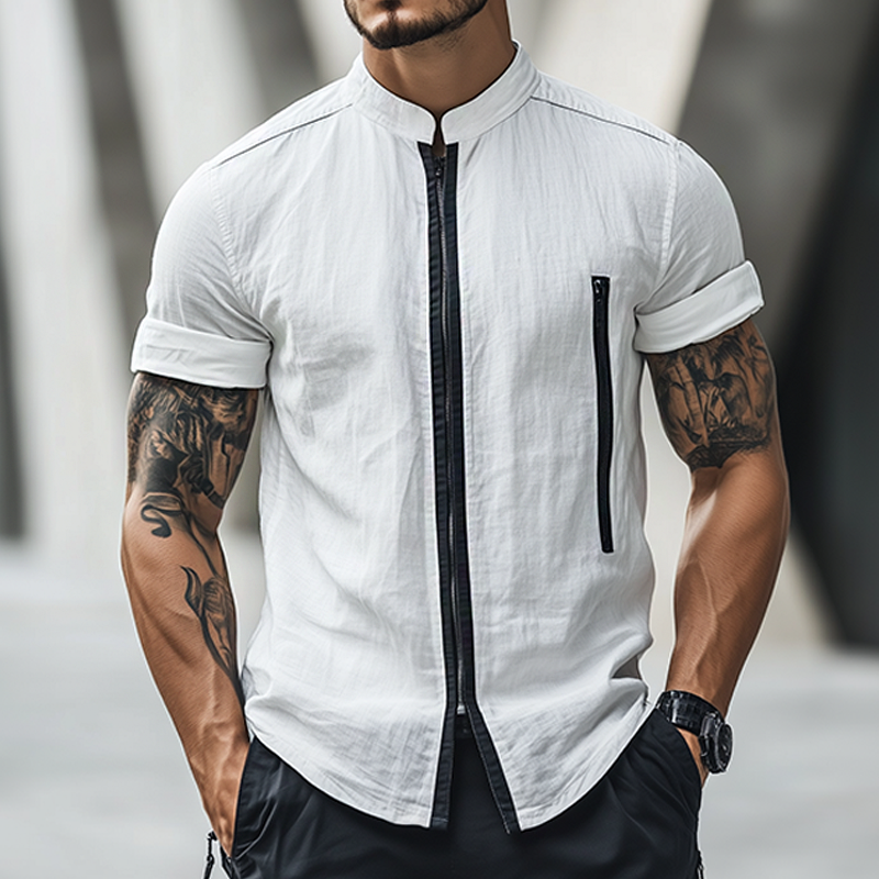 Men's Retro Casual Linen Zipper Stand Collar Short Sleeve Shirt MTA0160G9TO