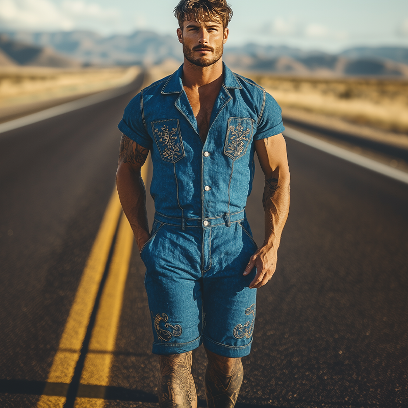 Men's Summer Fashion Retro Western Cowboy Style Pocket Embroidery Jumpsuit MTA1724D1K