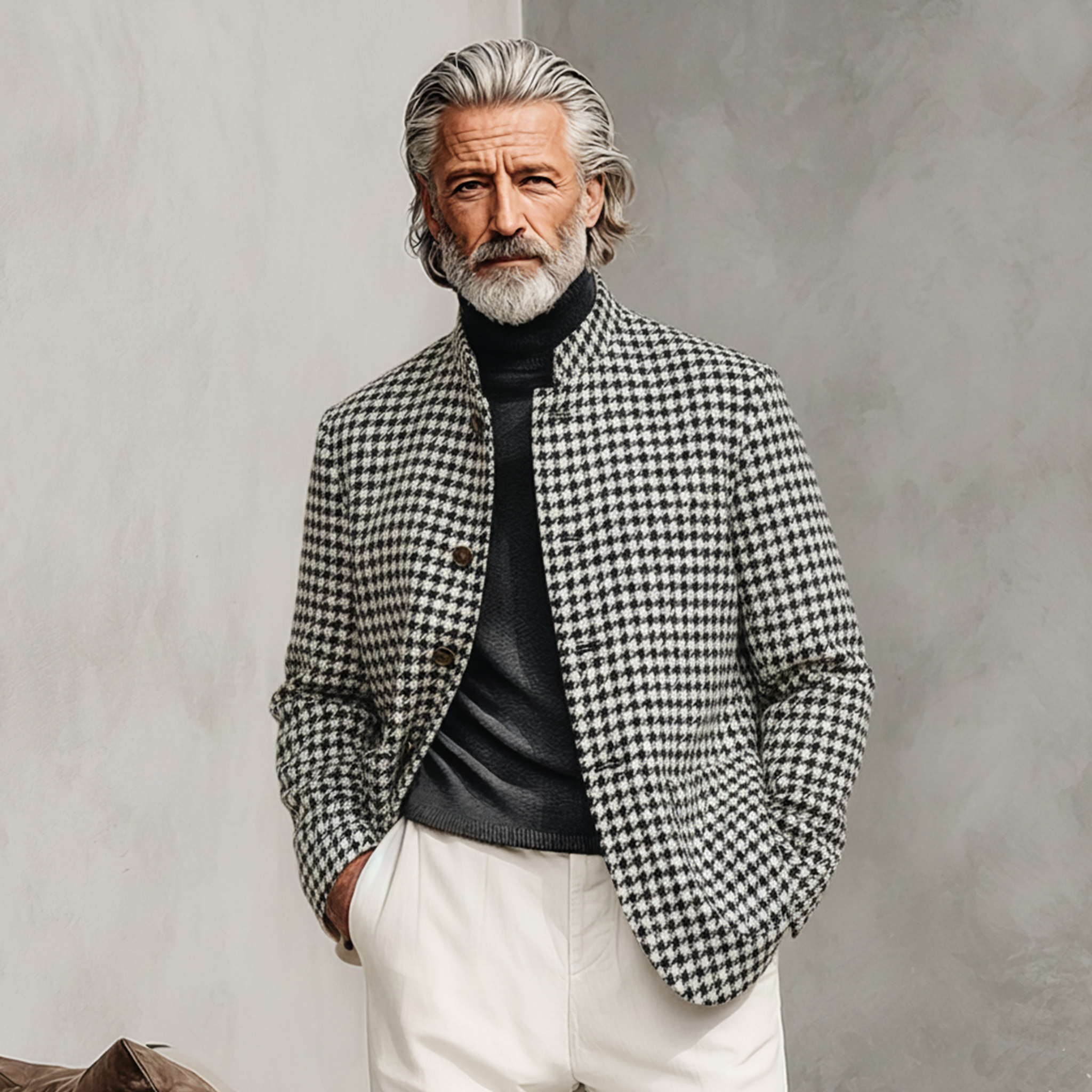 Men's Classic Casual Stand Collar Faux Houndstooth Wool Jacket MTA0538K8K