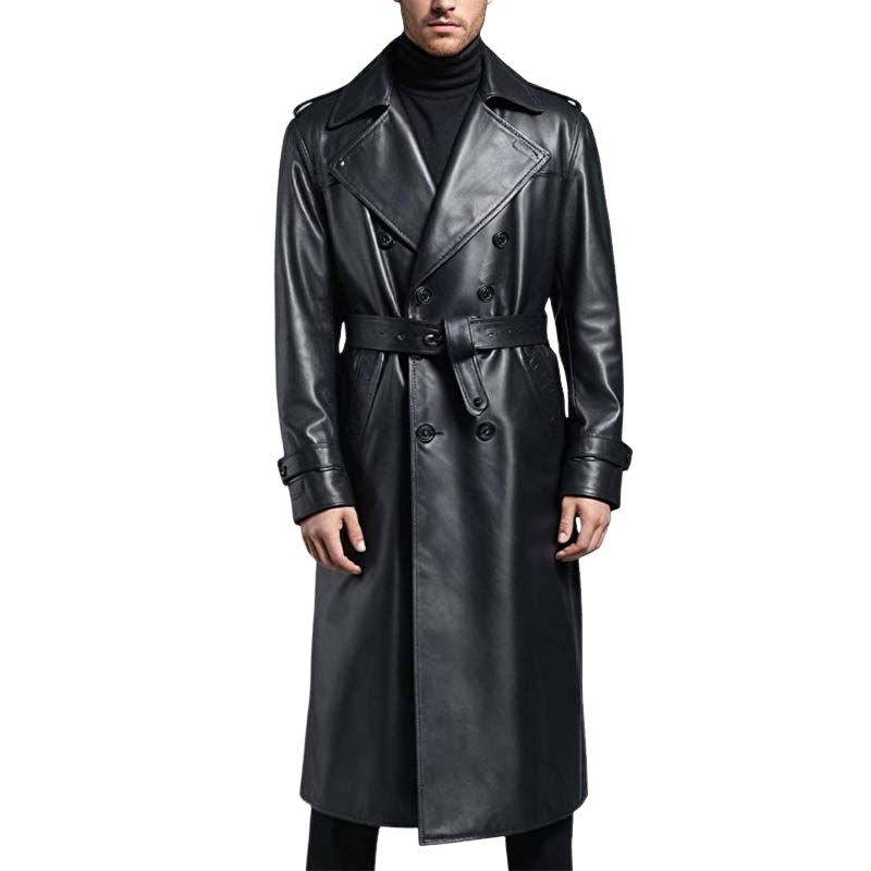 Men's Vintage Classic Knee Length Double Breasted Leather Trench Coat 11503725K