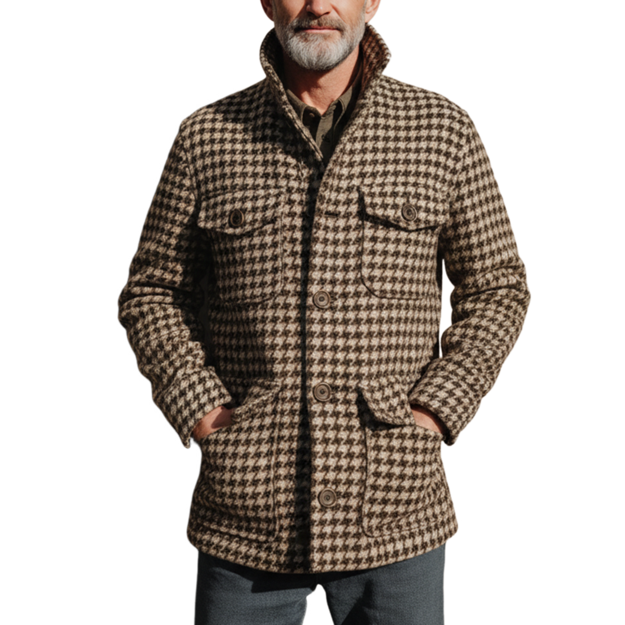 Men's Classic Retro Stand Collar Multi-pocket Faux Houndstooth Woolen Jacket MTA2964I6K