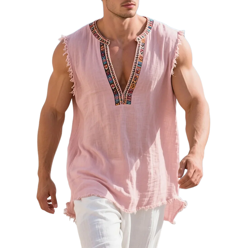 Men's Cotton And Linen Embroidered V-neck Sleeveless Raw Edge Tank Top MTA0423G9Y