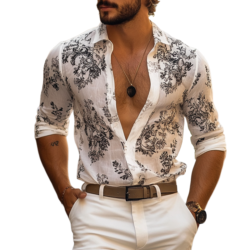 Men's Fashion Plant Print Lapel Long Sleeve Casual Shirt MTA2663E3Z
