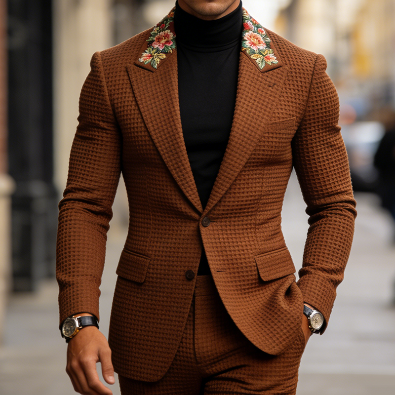 Men's Retro Casual Solid Color Waffle Embroidered Blazer MTA2382L4TO