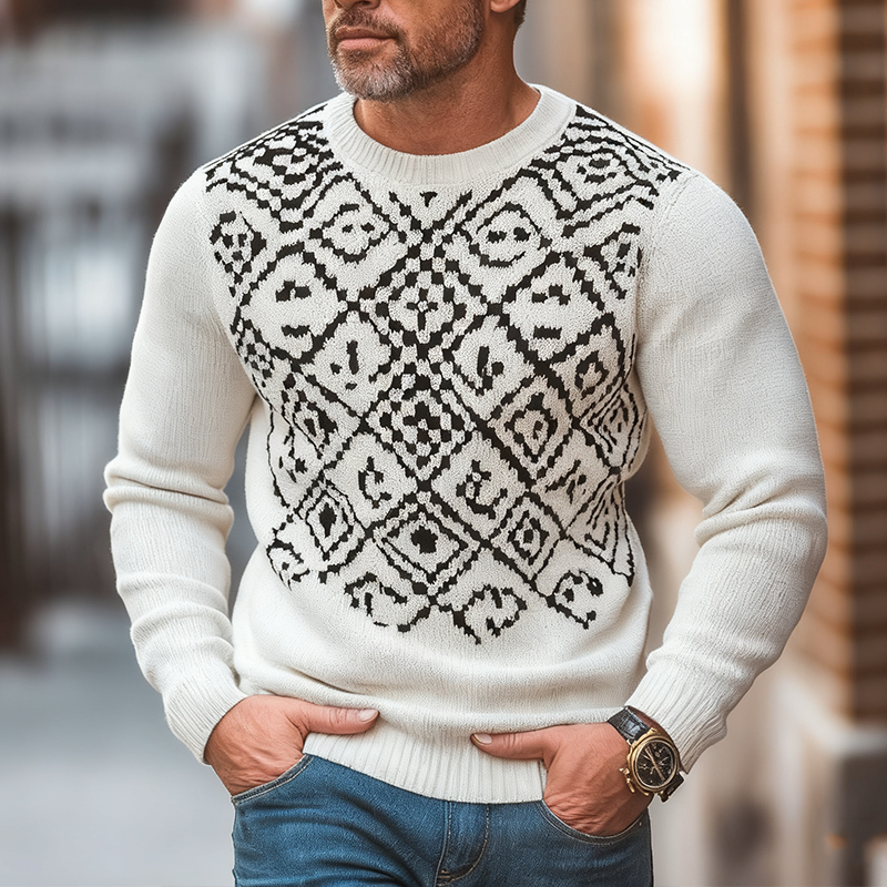Men's Retro Simple Knitted Jacquard Cotton Yarn Crew Neck Sweater MTA3098J3P