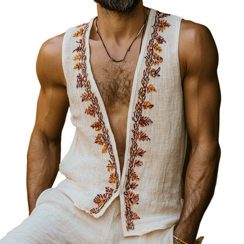 Men's Retro Casual Ethnic Style Printed Linen V-Neck Tank Top MTA0663E6TO