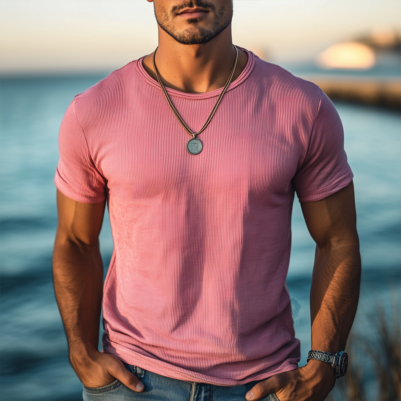 Men's Summer Round Neck Solid Color Knitted Short-sleeved T-shirt MTA2872G1U