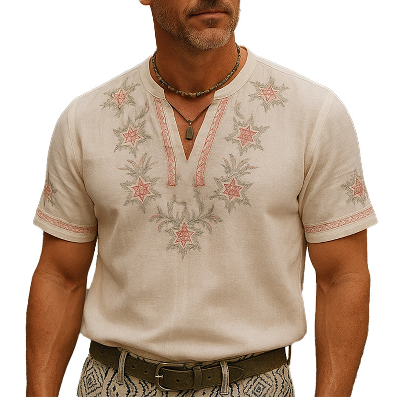 Men's Summer Breathable And Comfortable Embroidered Light Linen Short-Sleeved Shirt MTA2368E0P