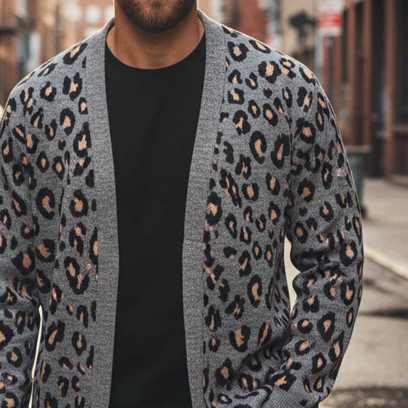 Men's Leopard Jacquard Knit V-Neck Cardigan MTA2686I0X