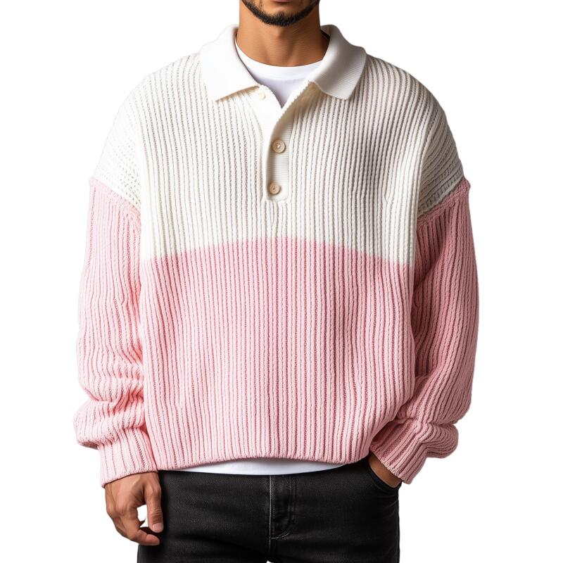 Men's Casual Contrast Color Polo Collar Loose Knit Long Sleeve Pullover Sweater MTA2716H0M