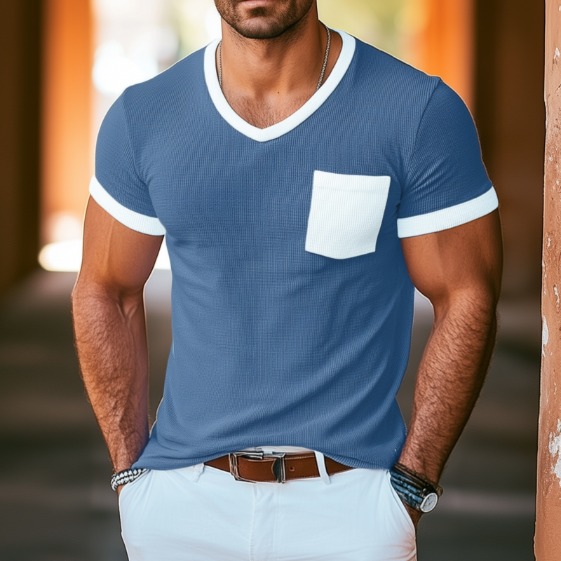 Men's Casual Cotton Blended Waffle Colorblock V-Neck Patch Pocket Slim Fit Short Sleeve T-Shirt MTA0161G3M
