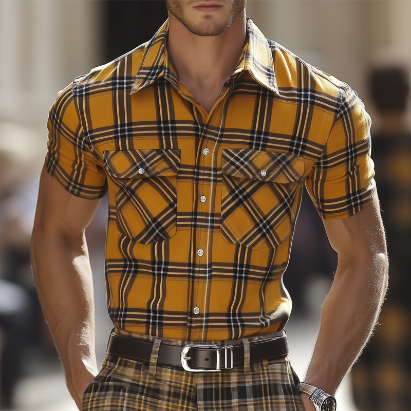 Men's Summer Classic Yellow Plaid Short Sleeve Shirt MTA2114G6U