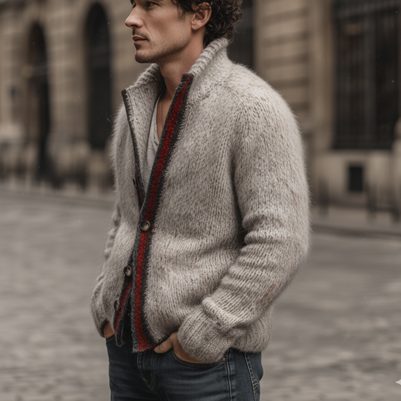 Men's Classic Color-blocked Stand-up Collar Button-down Knit Cardigan MTA2910J8U