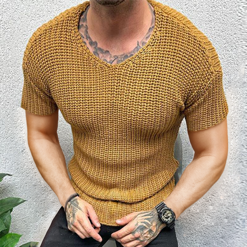Men's Retro Casual Solid Color V-Neck Knitted Short Sleeve T-Shirt MTA0440G9TO
