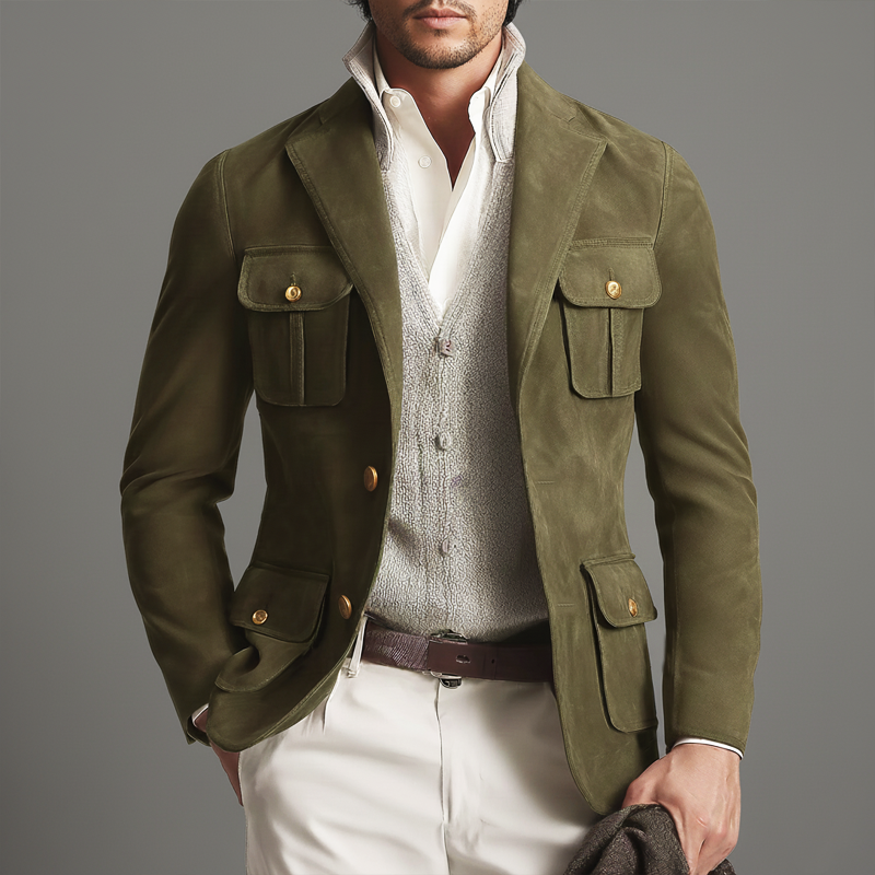 Men's Business Army Green Two-button Suede Jacket MTA1036J6U