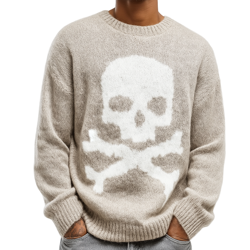 Men's Retro Casual Knitted Skull Round Neck Pullover Sweater MTA2987K4TO