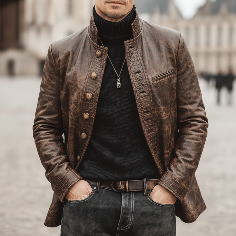 Men's Retro Stand Collar Multi-Button Distressed Patchwork Crocodile Texture PU Leather Jacket MTA1968K4U
