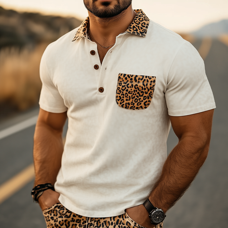 Men's Spring And Summer Fashion Casual Retro Western Cowboy Style Suede Stitching Leopard Print Short-Sleeved Polo Shirt MTA0821E1K