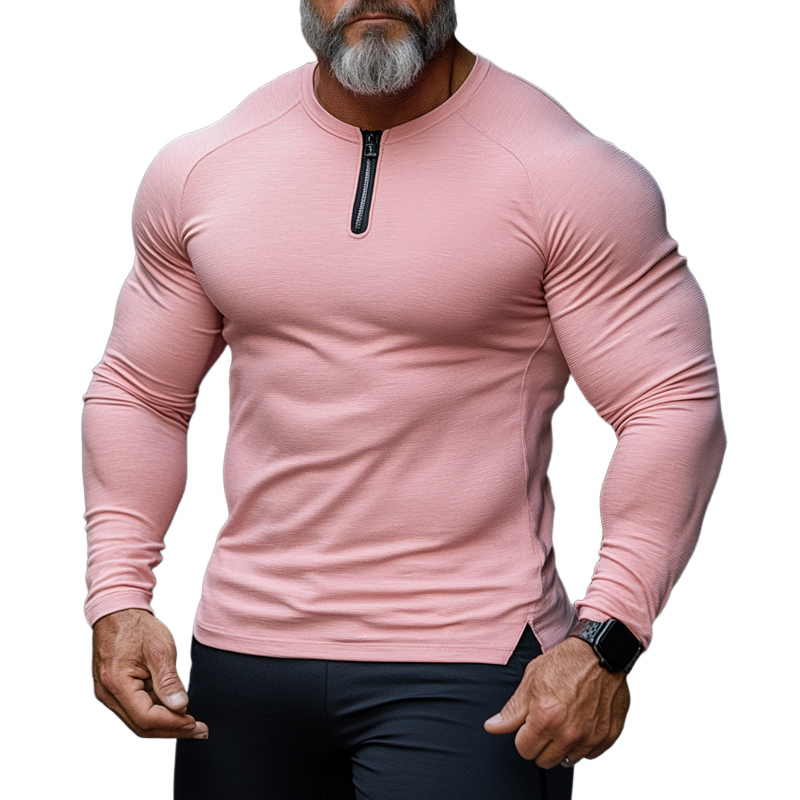 Men's Solid Zipper Round Neck Long Sleeve Sports T-shirt 65391333Z