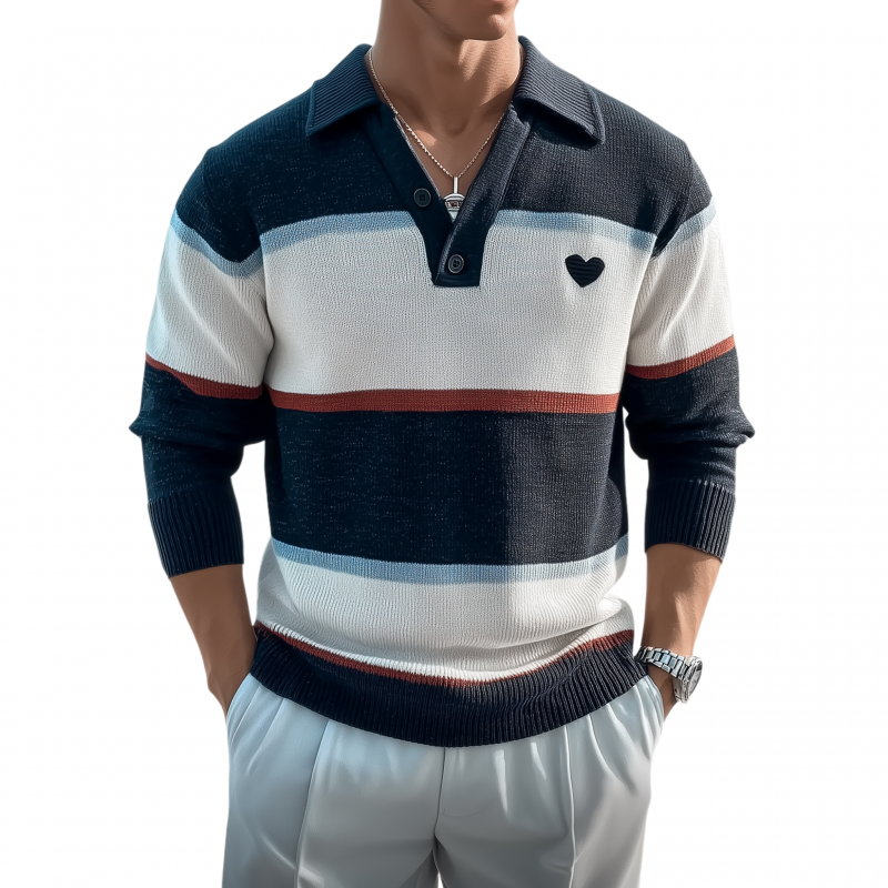 Men's Casual Breathable Lapel Contrast Striped Loose Knit Long-sleeved Polo Shirt MTA3193G2M