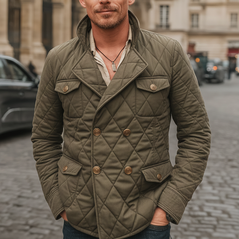 Men's Classic Double Breasted Army Green Padded Quilted Jacket MTA2073J4U